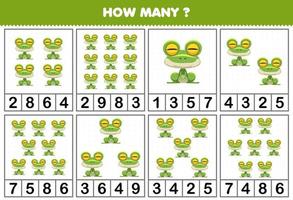 Education game for children counting how many objects in each table of cute cartoon frog animal printable worksheet vector