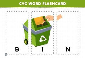 Education game for children learning consonant vowel consonant word with cute cartoon trash BIN illustration printable flashcard vector