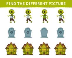 juego educativo para niños encuentra la imagen diferente en cada fila de dibujos animados lindo disfraz de zombie lápida casa espeluznante hoja de trabajo imprimible de halloween vector