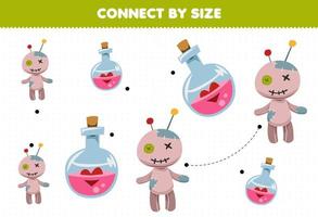 Educational game for kids connect by the size of cute cartoon potion bottle and voodoo doll halloween printable worksheet vector