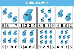 Education game for children counting how many objects in each table of cartoon music instrument whistle printable worksheet vector