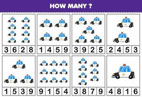 Education game for children counting how many objects in each table of cartoon police car transportation vehicle printable worksheet vector