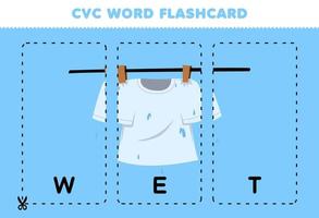 Education game for children learning consonant vowel consonant word with cute cartoon WET t shirt illustration printable flashcard vector