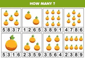 juego educativo para niños contando cuántos objetos hay en cada mesa de una linda hoja de trabajo imprimible de fruta naranja de dibujos animados vector