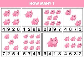 Education game for children counting how many objects in each table of cute cartoon pig animal printable worksheet vector