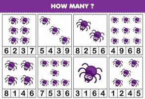 Education game for children counting how many objects in each table of cute cartoon spider animal printable worksheet