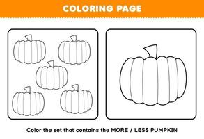 Education game for children coloring page more or less picture of cartoon pumpkin vegetable line art set printable worksheet vector