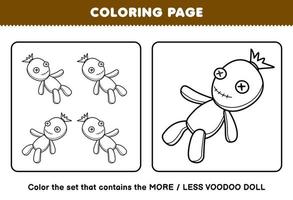Education game for children coloring page more or less picture of cute cartoon voodoo doll line art set halloween printable worksheet vector