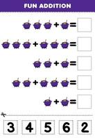 Education game for children fun addition by cut and match correct number for cute cartoon purple cauldron halloween printable worksheet vector
