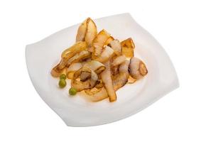 Fried onion on the plate and white background photo