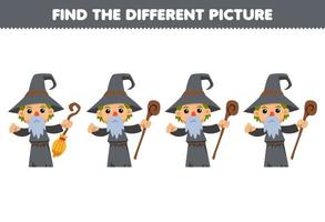Education game for children find the different picture in each row of cute cartoon wizard costume halloween printable worksheet vector