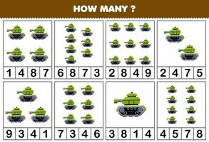 Education game for children counting how many objects in each table of cartoon tank military transportation vehicle printable worksheet vector