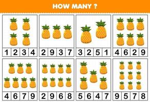 Education game for children counting how many objects in each table of cute cartoon pineapple fruit printable worksheet
