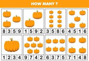 Education game for children counting how many objects in each table of cute cartoon pumpkin vegetable printable worksheet vector