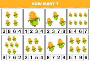 Education game for children counting how many objects in each table of cute cartoon corn vegetable printable worksheet vector