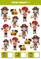 Education game for children searching and counting how many objects of cute cartoon treasure chest pirate costume halloween printable worksheet vector