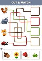 Education game for children cut and match the correct food for cute cartoon squirrel rhino fox ladybug printable worksheet vector