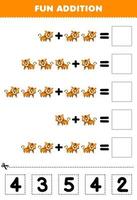 juego educativo para niños adición divertida cortando y combinando el número correcto para la hoja de trabajo imprimible del animal tigre naranja de dibujos animados lindo vector