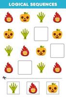 juego educativo para niños secuencias lógicas para niños con dibujos animados lindo mano de fuego imagen de calabaza hoja de trabajo imprimible de halloween vector