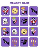 Education game for children memory to find similar pictures of cute cartoon ghost moon bat cat candle dracula costume halloween printable worksheet vector