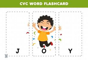 Education game for children learning consonant vowel consonant word with cute cartoon man feeling JOY illustration printable flashcard vector
