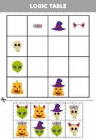 juego educativo para niños cabeza de mesa lógica accesorios y máscara hoja de trabajo imprimible de halloween vector