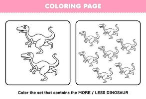 Education game for children coloring page more or less picture of cute cartoon prehistoric dinosaur velociraptor line art set printable worksheet vector