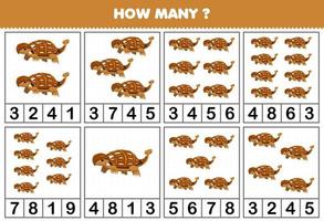 Education game for children counting how many objects in each table of cute cartoon prehistoric dinosaur ankylosaurus printable worksheet vector