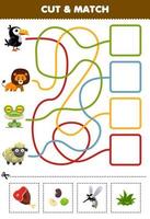 juego educativo para niños corta y combina la comida correcta para la hoja de trabajo imprimible de tucán de dibujos animados lindo pájaro león rana oveja vector