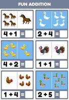 Education game for children fun addition by counting and sum of cute cartoon horse goose duck duckling turkey hen chicken printable farm worksheet vector