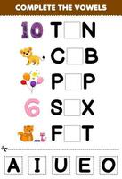 Education game for children complete the vowels of cute cartoon ten cub pop six fat illustration printable worksheet vector