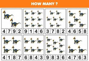 Education game for children counting how many objects in each table of cute cartoon prehistoric dinosaur parasaurlophus printable worksheet vector