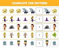 juego educativo para niños completa el patrón adivinando la imagen correcta de la linda caricatura hombre lobo bruja hombre de las cavernas enanos frankenstein disfraz halloween hoja de trabajo imprimible vector