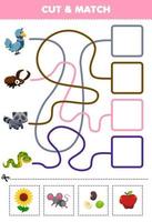 juego educativo para niños corta y combina la comida correcta para una linda caricatura paloma pájaro escarabajo mapache serpiente hoja de trabajo imprimible vector