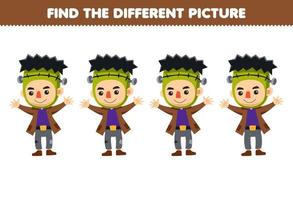 Education game for children find the different picture in each row of cute cartoon frankenstein costume halloween printable worksheet vector