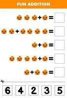 Education game for children fun addition by cut and match correct number for cute cartoon orange pumpkin halloween printable worksheet vector