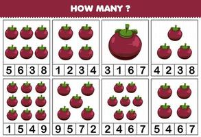 Education game for children counting how many objects in each table of cute cartoon mangosteen fruit printable worksheet