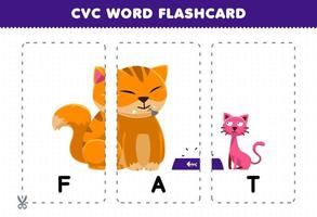 juego educativo para niños que aprenden consonante vocal consonante palabra con linda caricatura gato gordo ilustración tarjeta flash imprimible vector