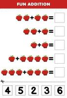 Education game for children fun addition by cut and match correct number for cartoon apple fruit printable worksheet vector