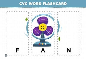 juego educativo para niños que aprenden consonante vocal consonante palabra con linda caricatura ventilador ilustración tarjeta flash imprimible vector