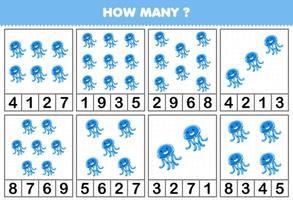 Education game for children counting how many objects in each table of cute cartoon jellyfish animal printable worksheet vector