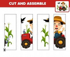 juego educativo para niños práctica de corte y armar rompecabezas con un lindo agricultor de dibujos animados que conduce la hoja de trabajo imprimible de la granja de tractores vector