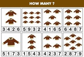 Education game for children counting how many objects in each table of cartoon wearable clothes brown jacket printable worksheet vector