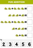 Education game for children fun addition by cut and match correct number for cute cartoon prehistoric dinosaur triceratops printable worksheet vector