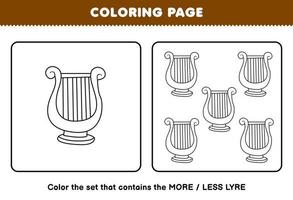 Education game for children coloring page more or less picture of cartoon music instrument lyre line art set printable worksheet vector