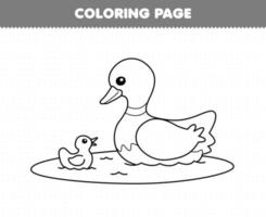 Education game for children coloring page of cute cartoon duck and ducking in the pond and chick line art printable farm worksheet vector