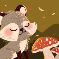 raccoon and mushroom autumn vector