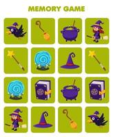 Education game for children memory to find similar pictures of cute cartoon crow broom cauldron magic orb wand hat book witch costume halloween printable worksheet vector