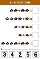 Education game for children fun addition by cut and match correct number for cute cartoon pirate hat halloween printable worksheet vector