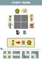 Education game for children logic puzzle build the road for zombie move to tombstone and spooky house halloween printable worksheet vector